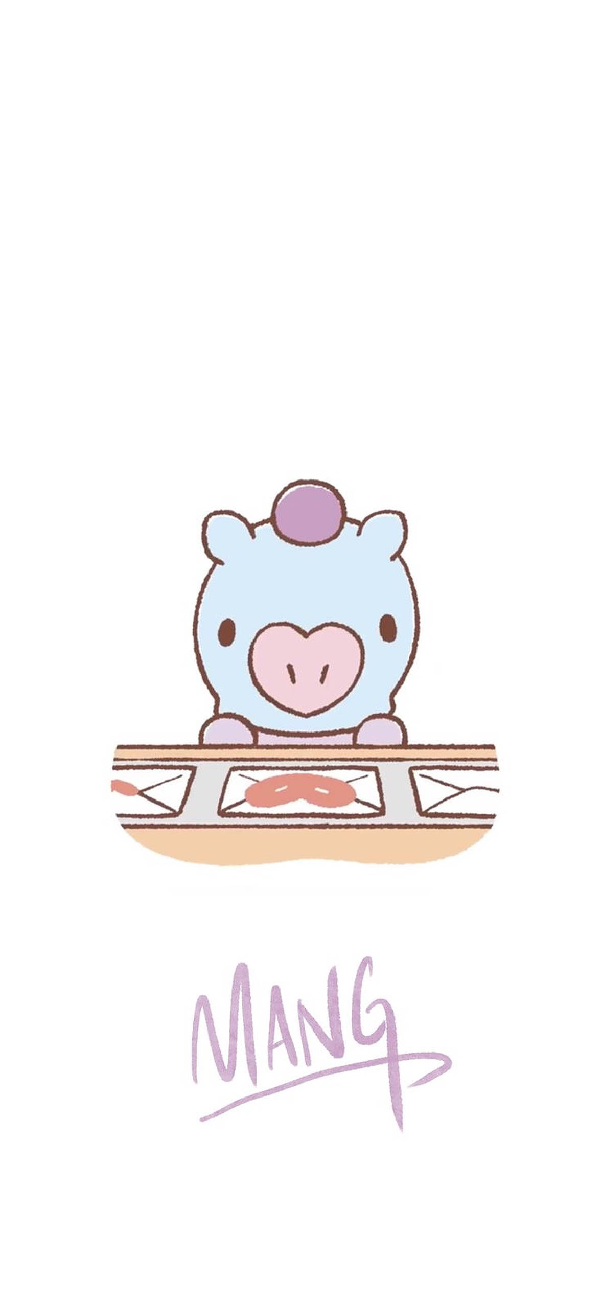 mang bt21 桌布 壁紙 — 一隻可愛的淺藍色卡通豬戴著紫色帽子，坐在有粉紅色鬍子的圖案櫃檯後面。