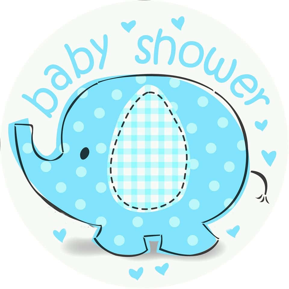 Baby Shower 桌布 壁紙 — 一隻可愛的淺藍色圓點大象，帶有格紋布補丁，手持被心形包圍的「baby shower」文字。
