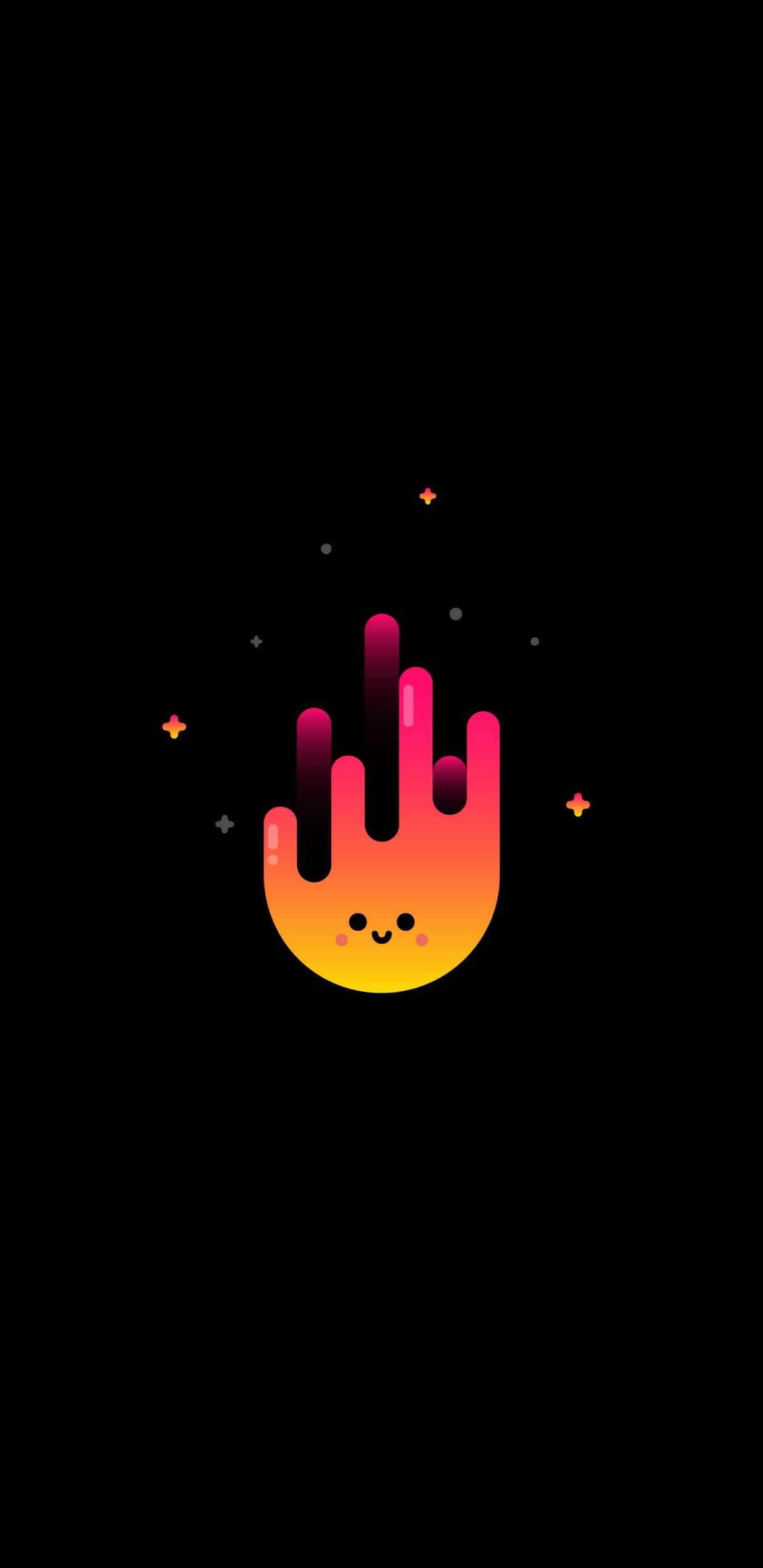 AMOLED 桌布 壁紙 — 一隻可愛的漸變火焰手，帶有微笑的臉，漂浮在黑色背景上，有小星星閃爍。