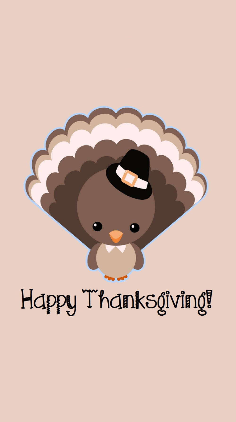 Thanksgiving Aesthetic 桌布 壁紙 — 一隻可愛的火雞卡通，戴著朝聖者帽，尾巴羽毛展開，背景是米色，並有「Happy Thanksgiving!」文字。