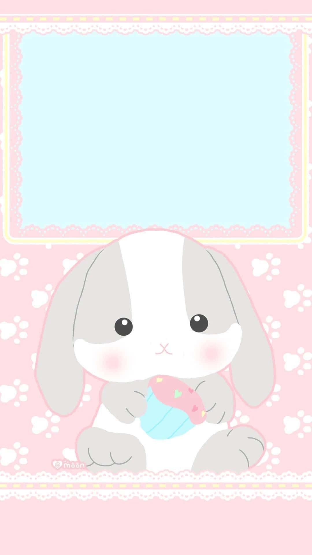 Cute Easter iPhone 桌布 壁紙 — 一隻可愛的灰白色兔子拿著杯子蛋糕，坐在粉紅色背景上，背景有白色腳印和蕾絲邊框。