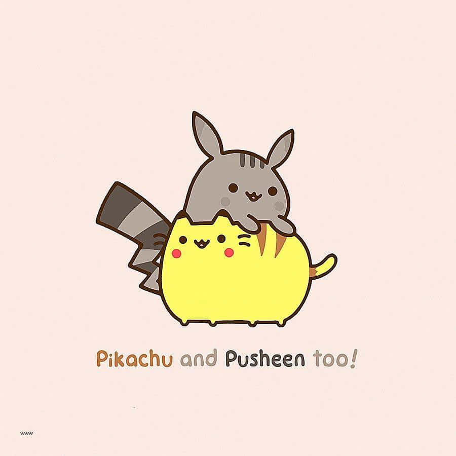 pusheen 動圖 桌布 壁紙 — 一隻可愛的灰色兔子坐在黃色皮卡丘上面，背景是柔和粉紅色，下方有文字。