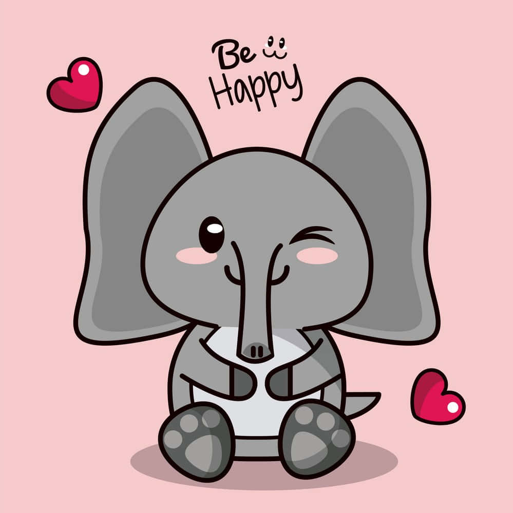 一隻微笑的卡通大象，帶有心形和「Be Happy」訊息，背景為粉紅色。 — 大象 GIF 壁紙