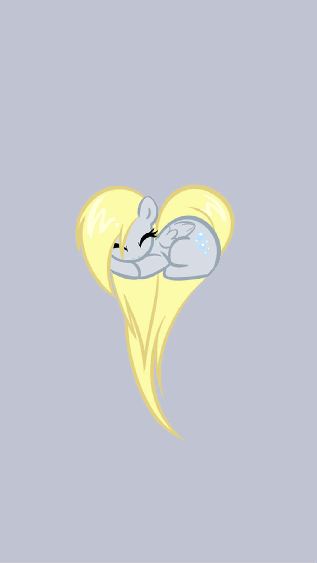 Mlp Phone 桌布 壁紙 — 一隻可愛的灰色卡通小馬閉著眼睛，蜷縮在一個心形黃色鬃毛中，在柔和的薰衣草背景上睡覺。