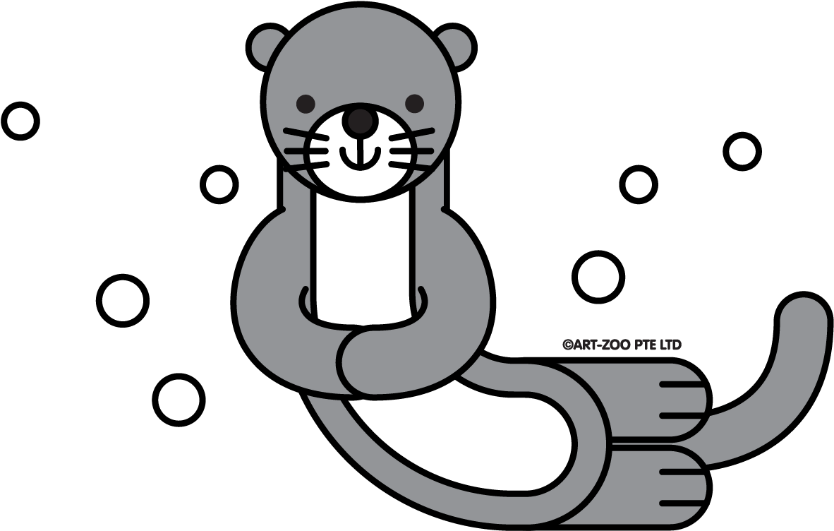 Otter 桌布 壁紙 — 一隻可愛的灰色卡通水獺坐在黑色背景上，帶有白色圓點，微笑著。