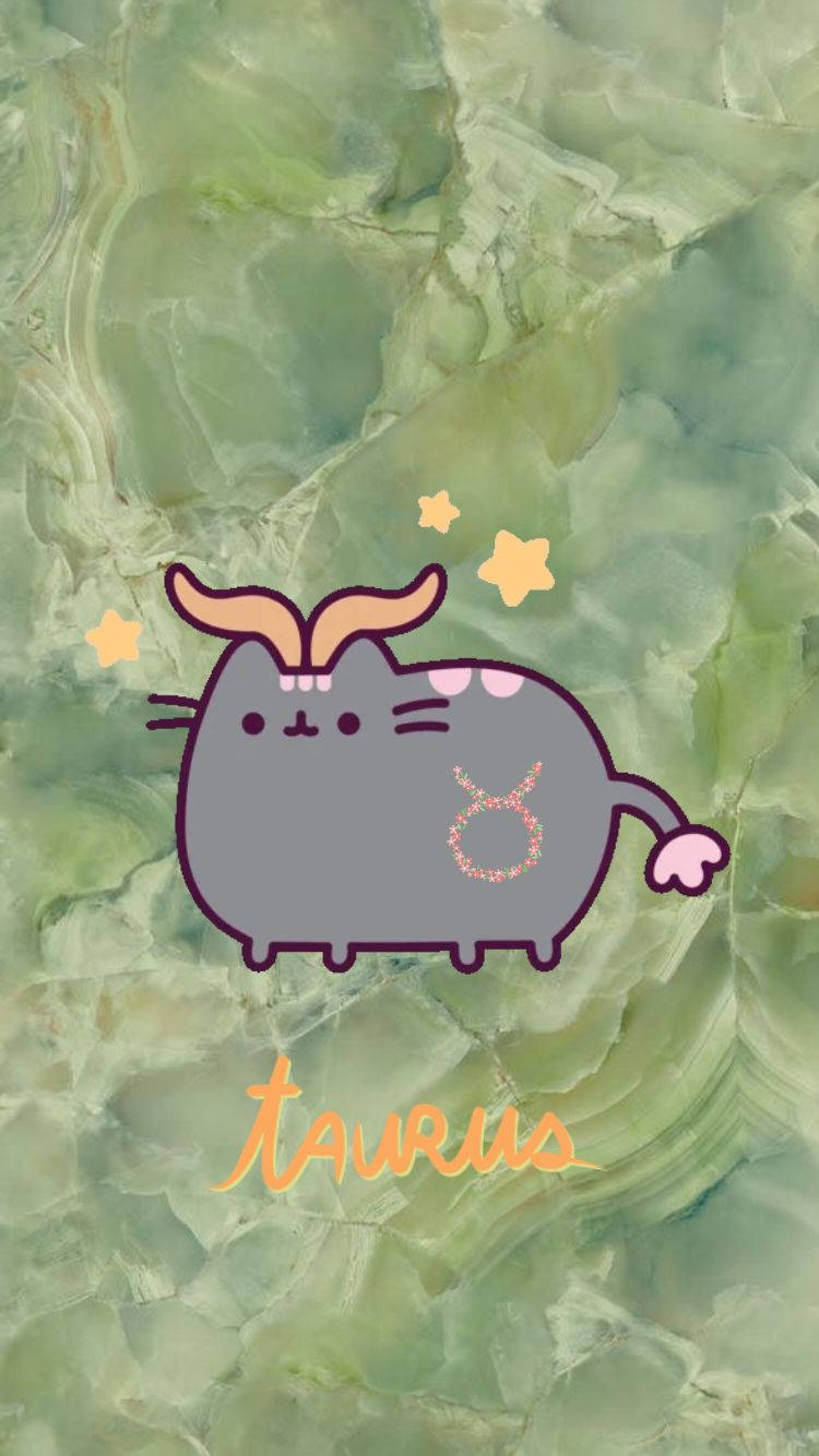 zodiac 桌布 壁紙 — 一隻可愛的灰色卡通貓，帶有公牛角和星座符號，漂浮在帶有星星的綠色大理石背景上。