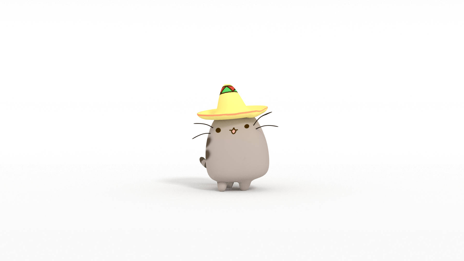 pusheen 動圖 桌布 壁紙 — 一隻可愛的灰色卡通貓，戴著一頂帶有紅色和綠色邊飾的黃色闊邊帽，獨自站在純白色背景上。