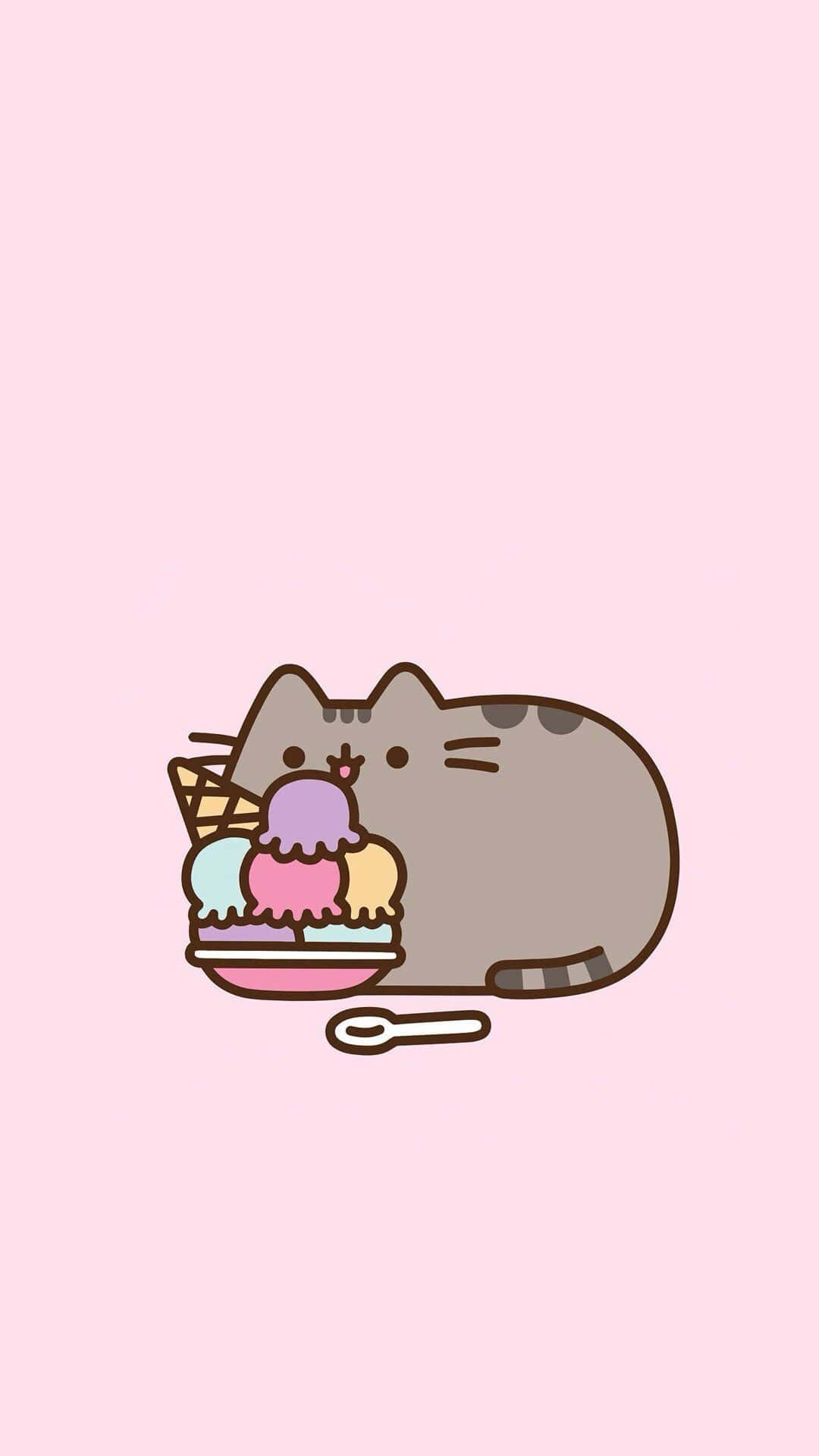pusheen 動圖 桌布 壁紙 — 一隻可愛的灰色卡通貓，配有一碗色彩繽紛的冰淇淋和一個湯匙，背景是柔和的粉紅色。