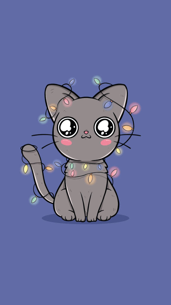 Cute Cat 桌布 壁紙 — 一隻可愛的灰色卡通貓咪，大眼睛，坐在純藍色背景前，被閃爍的彩色燈串環繞。