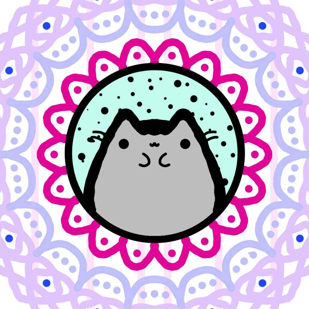 pusheen 動圖 桌布 壁紙 — 一隻可愛的灰色卡通貓咪，帶有黑色輪廓，坐在粉紅色扇貝形圓圈內，背景是粉彩紫色和藍色的曼陀羅圖案。