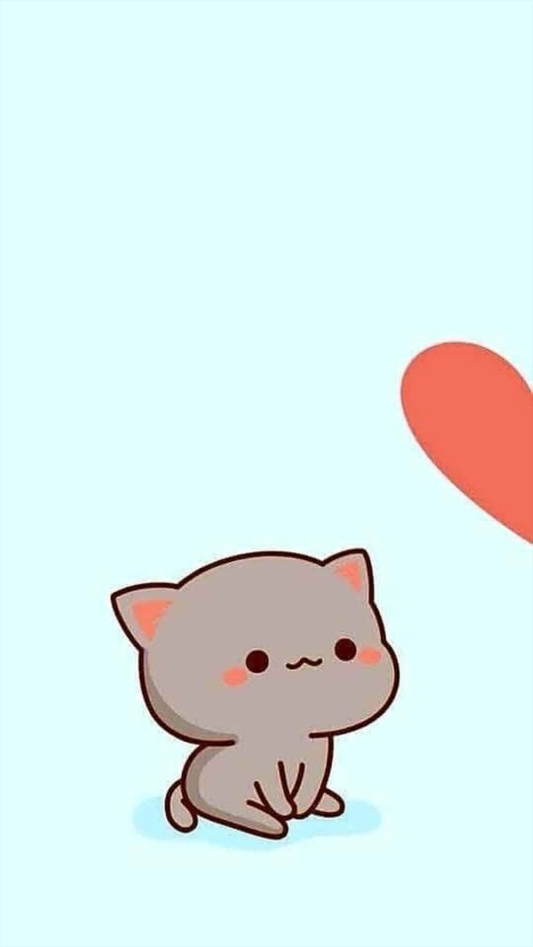 Cute Cat 桌布 壁紙 — 一隻可愛的灰色卡通貓咪，臉頰紅潤，靜靜地坐著，旁邊漂浮著一個柔軟的紅色愛心，背景是淺藍色。
