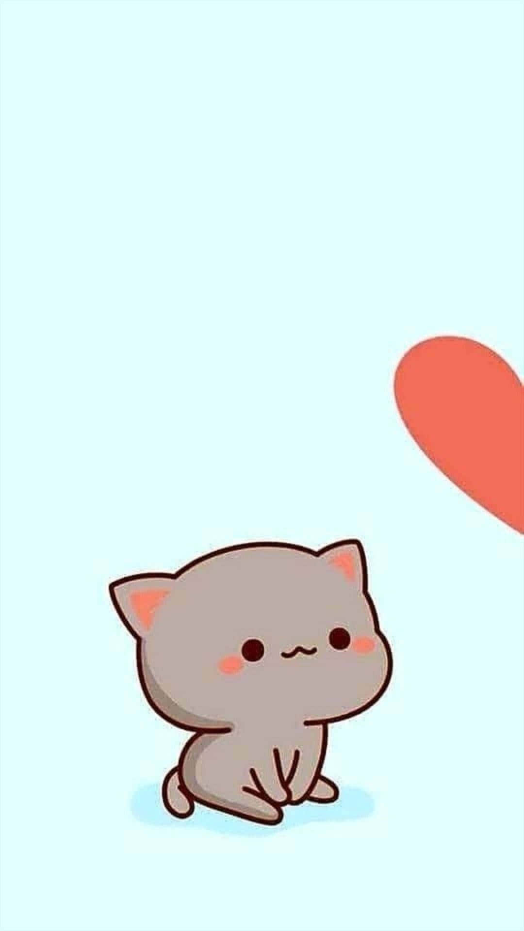 Matching Cat Pfp 桌布 壁紙 — 一隻可愛的灰色卡通貓咪，臉頰紅潤，靜靜地坐在柔和的藍色背景前，旁邊有一個漂浮的紅色愛心。