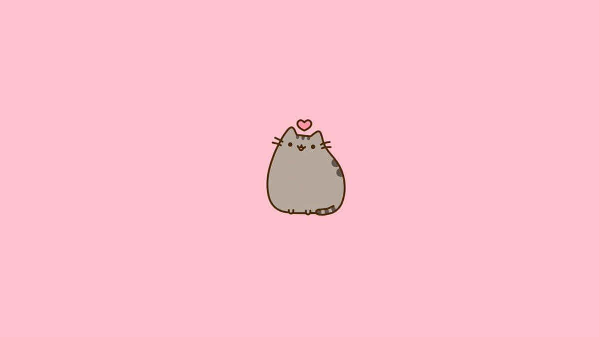 pusheen 動圖 桌布 壁紙 — 一隻可愛的灰色卡通貓咪，頭頂上方有一個細小的粉紅色愛心，坐在柔和的粉紅色背景中央。