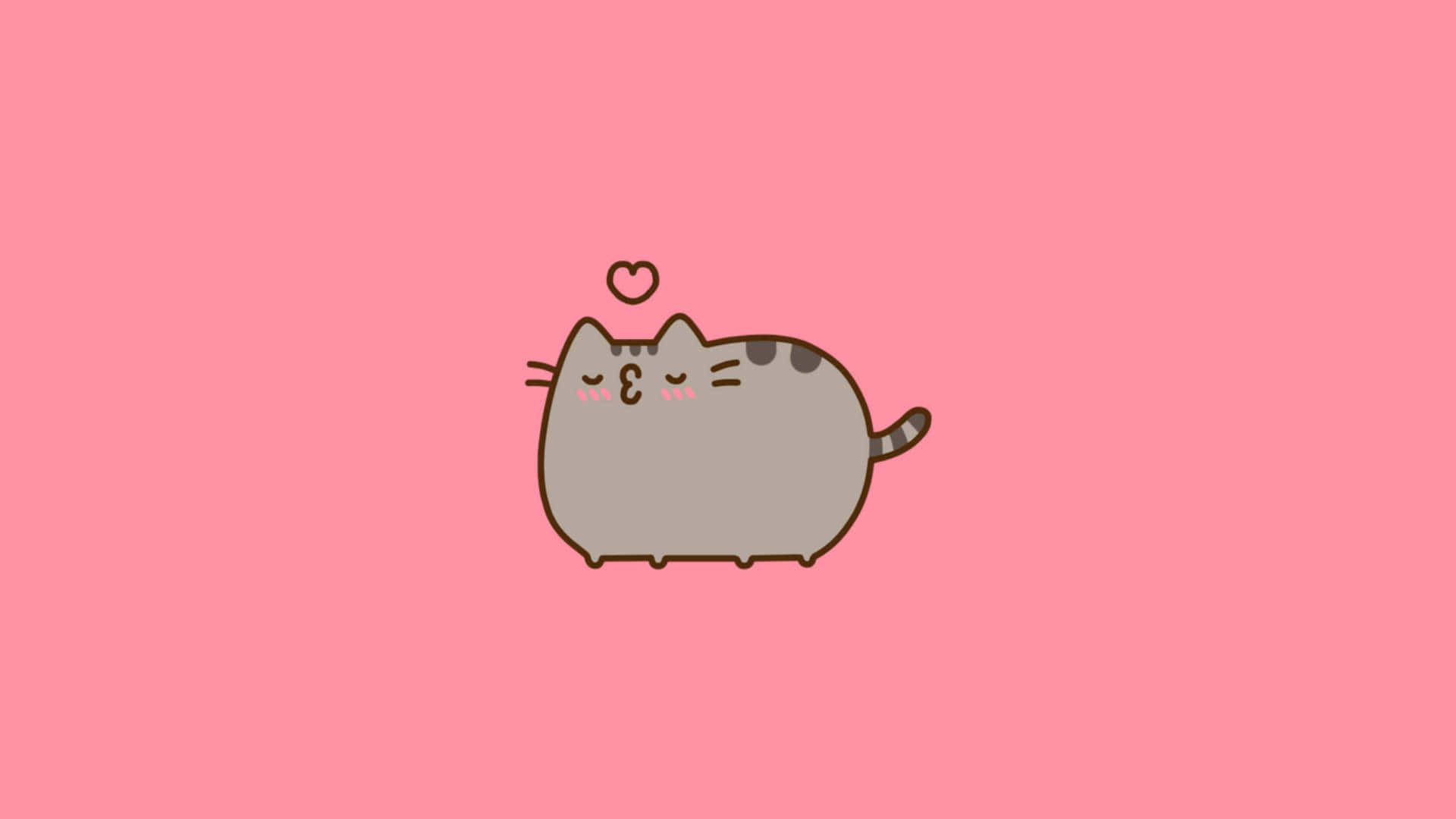 pusheen 動圖 桌布 壁紙 — 一隻可愛的灰色卡通貓咪，頭頂有一個愛心，靜靜地坐在純粉紅色背景上。