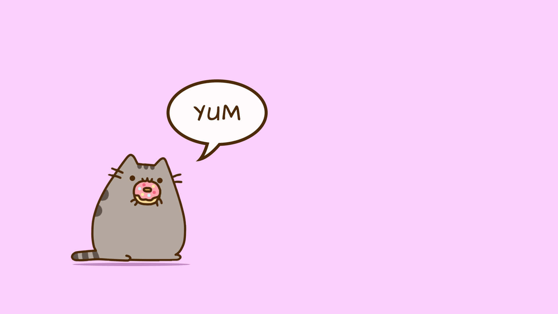 一隻卡通貓咪拿著甜甜圈，在粉紅色背景上說yum。 — Pusheen 動圖 壁紙