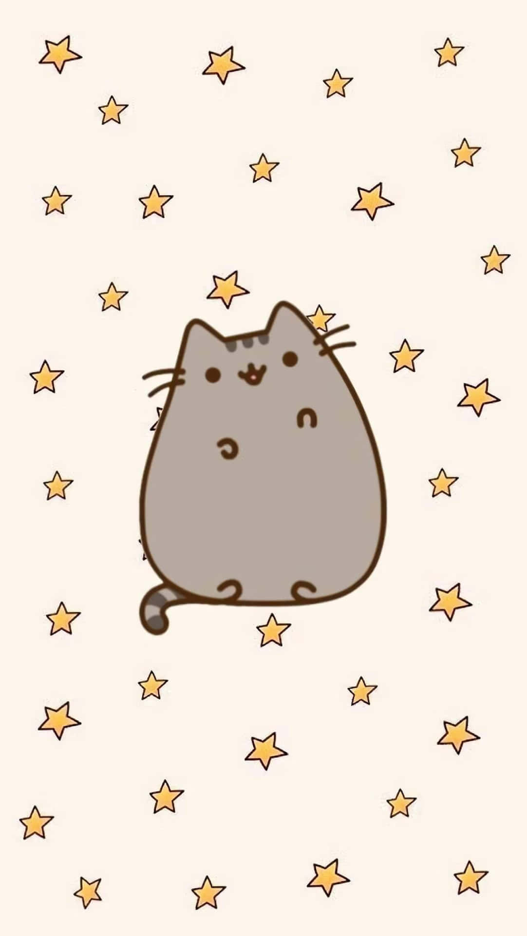 pusheen 動圖 桌布 壁紙 — 一隻可愛的灰色卡通貓咪在柔和的奶油色背景上，漂浮在散落的金色星星之間。