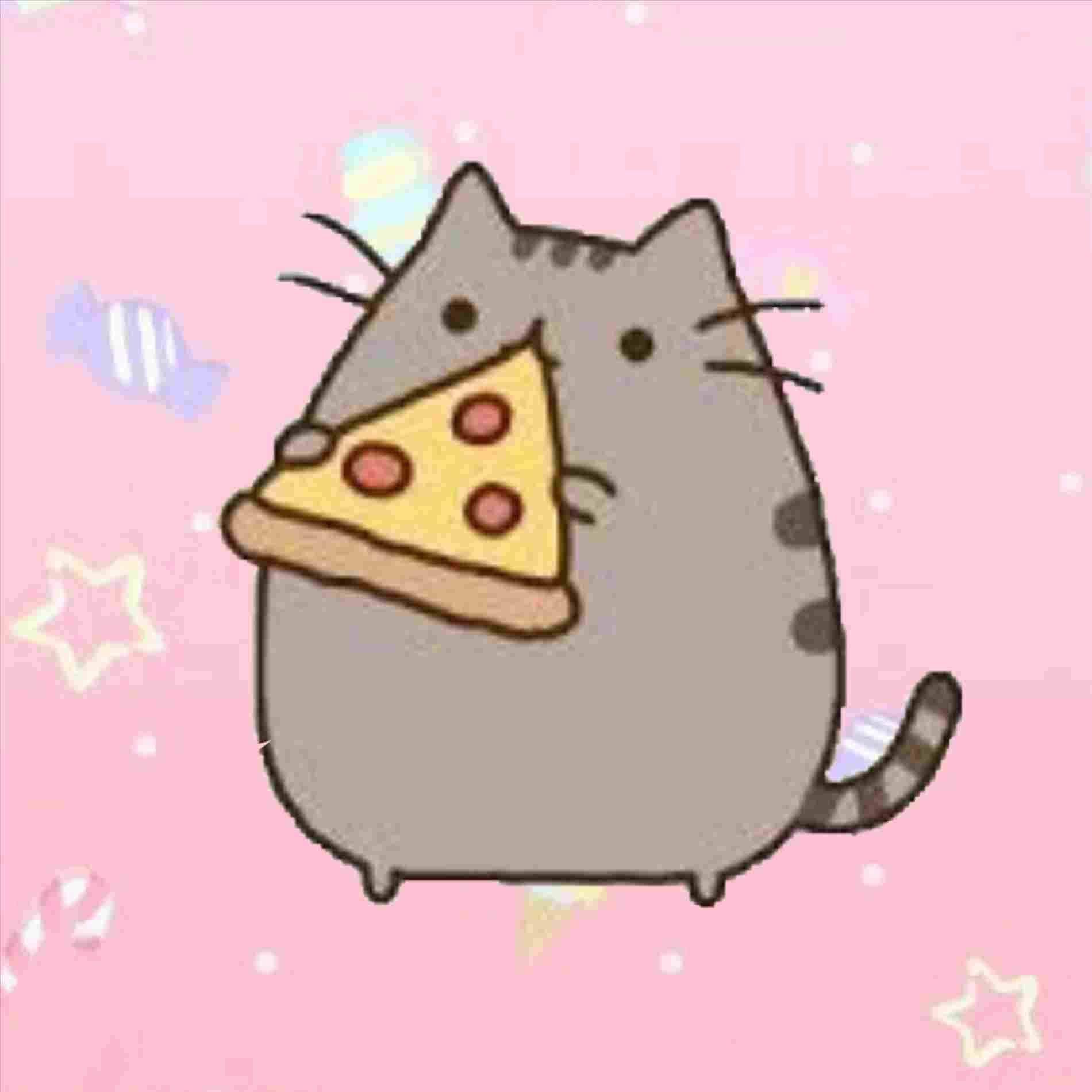 Pusheen Kawaii 桌布 壁紙 — 一隻可愛的灰色卡通貓咪在粉紅色背景上拿著一片義大利辣香腸披薩，背景有星星和糖果。