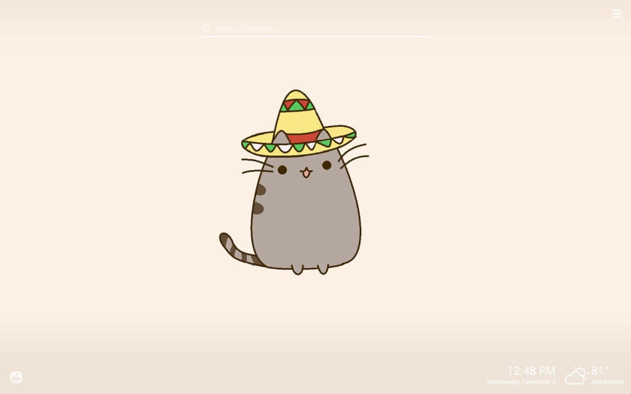 pusheen 動圖 桌布 壁紙 — 一隻可愛的灰色卡通貓咪戴著色彩繽紛的墨西哥帽，坐在柔軟的米色背景中央。