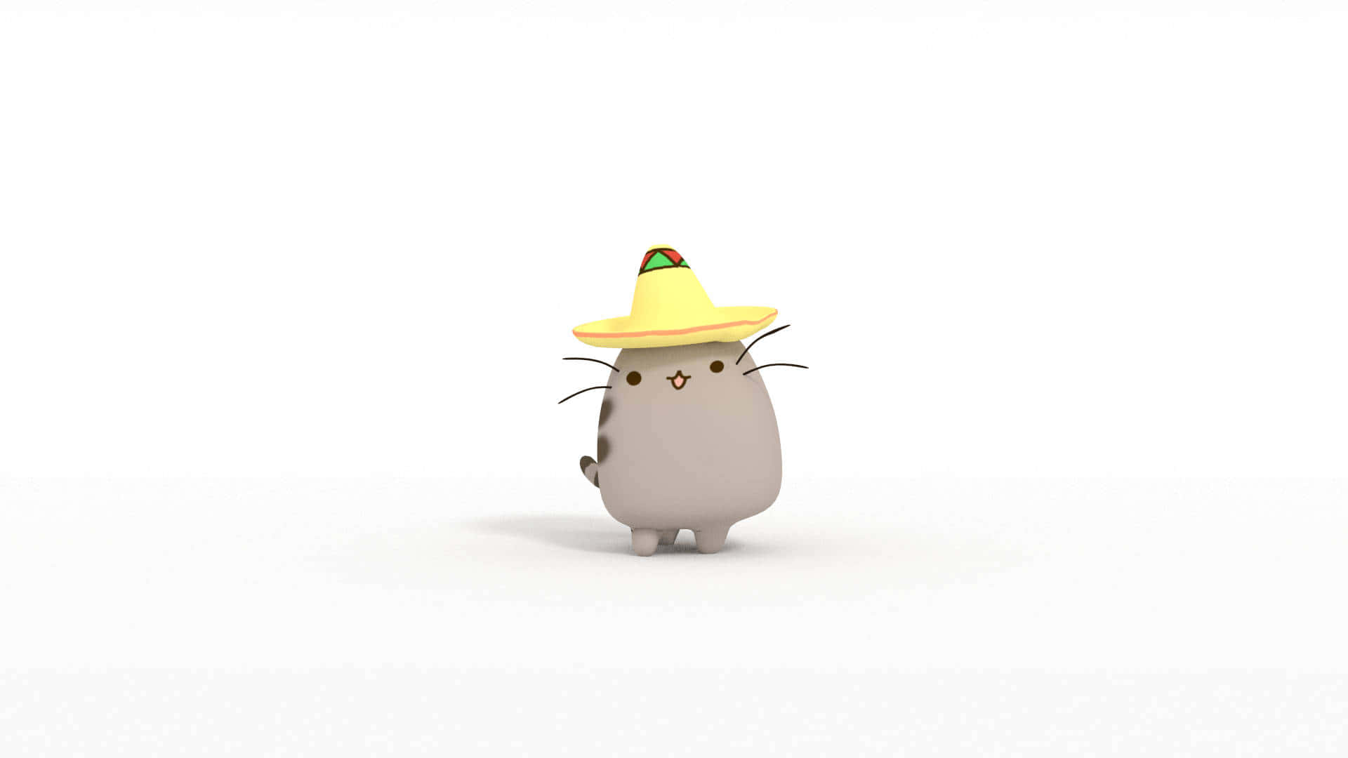 pusheen 動圖 桌布 壁紙 — 一隻可愛的灰色卡通貓咪戴著黃色闊邊帽，獨自站在純白色背景上。