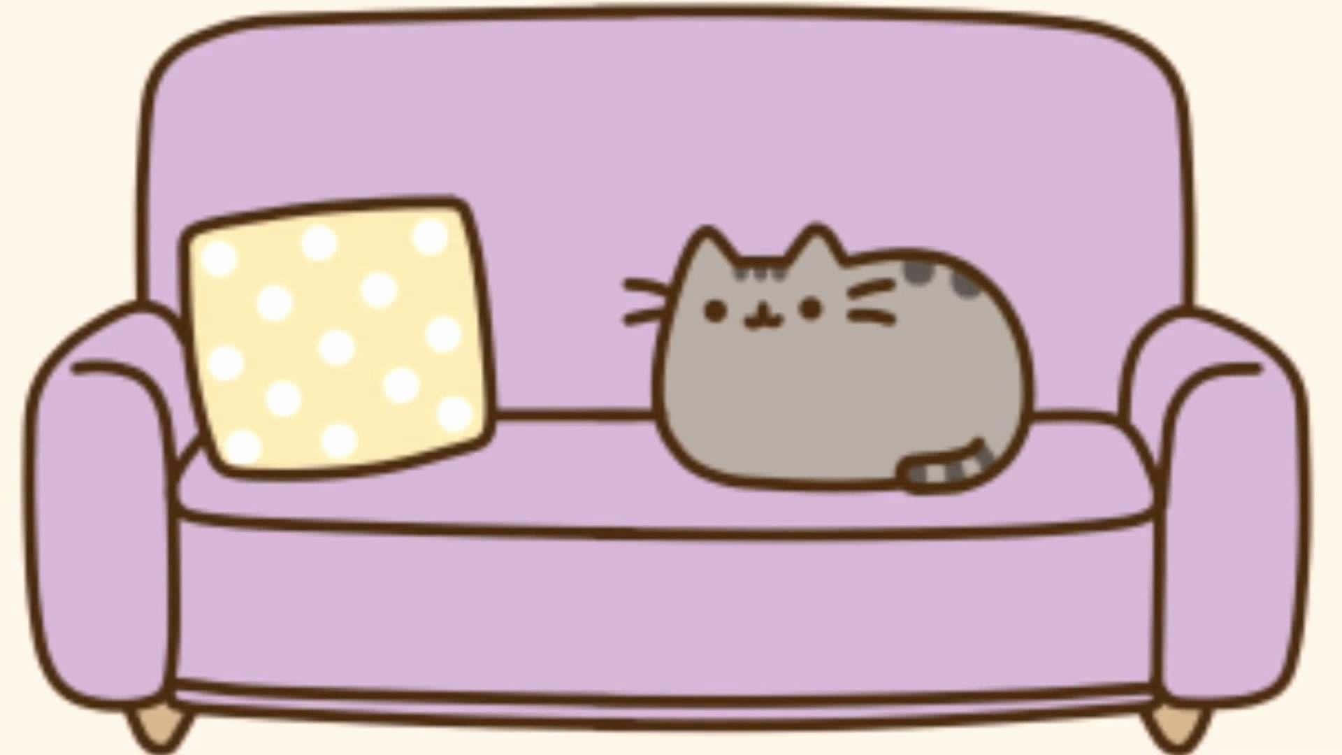 一隻灰色卡通貓咪在帶有黃色圓點枕頭的紫色沙發上休息。 — Pusheen 動圖 壁紙