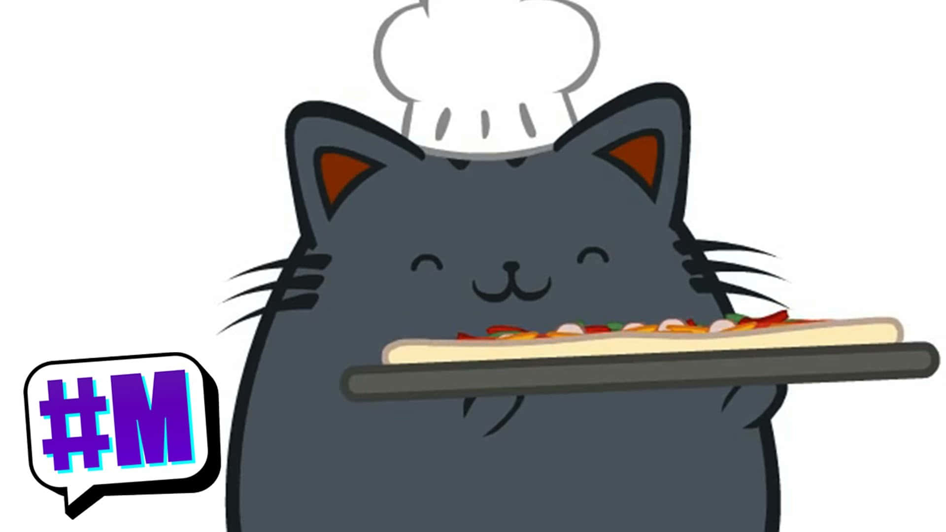 pusheen 動圖 桌布 壁紙 — 一隻可愛的灰色卡通貓廚師自豪地展示一個放在托盤上的彩色披薩，戴著廚師帽並附有標籤對話框。