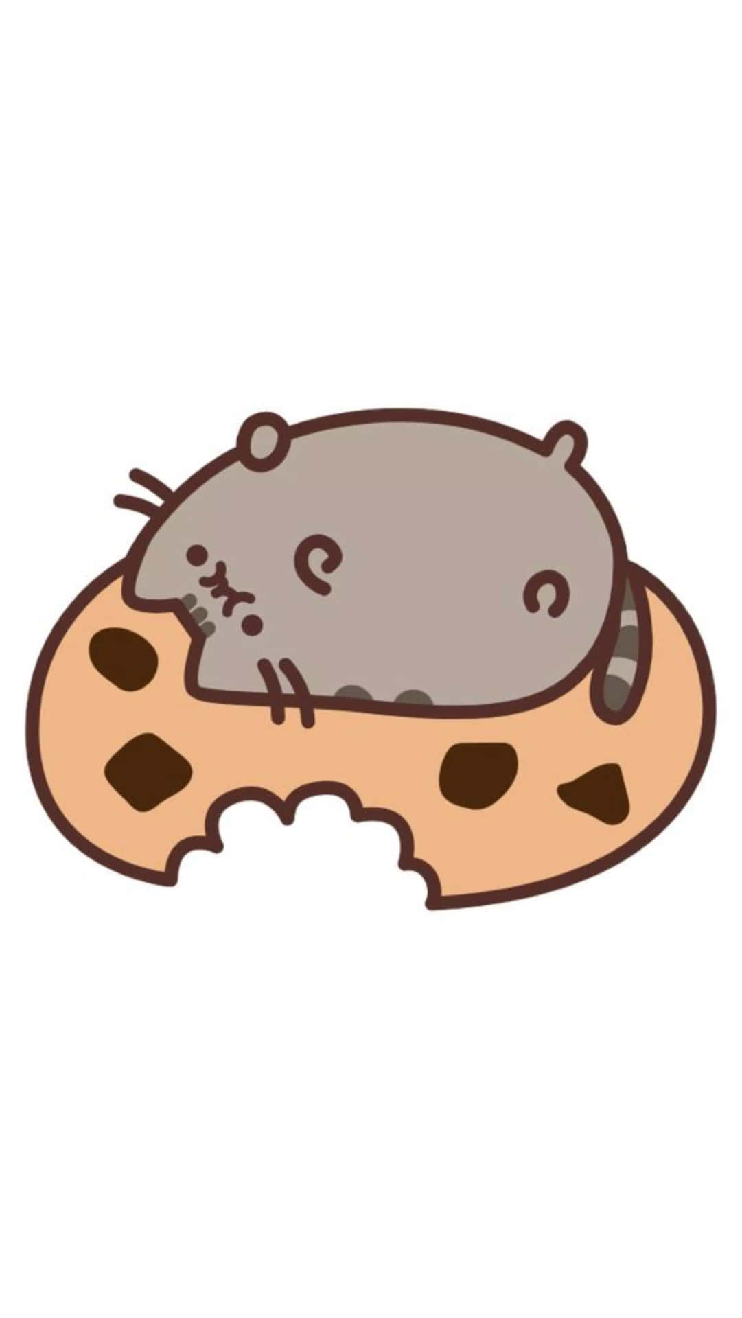一隻灰色卡通貓睡在被咬了一口的巧克力餅乾上。 — Pusheen 動圖 壁紙
