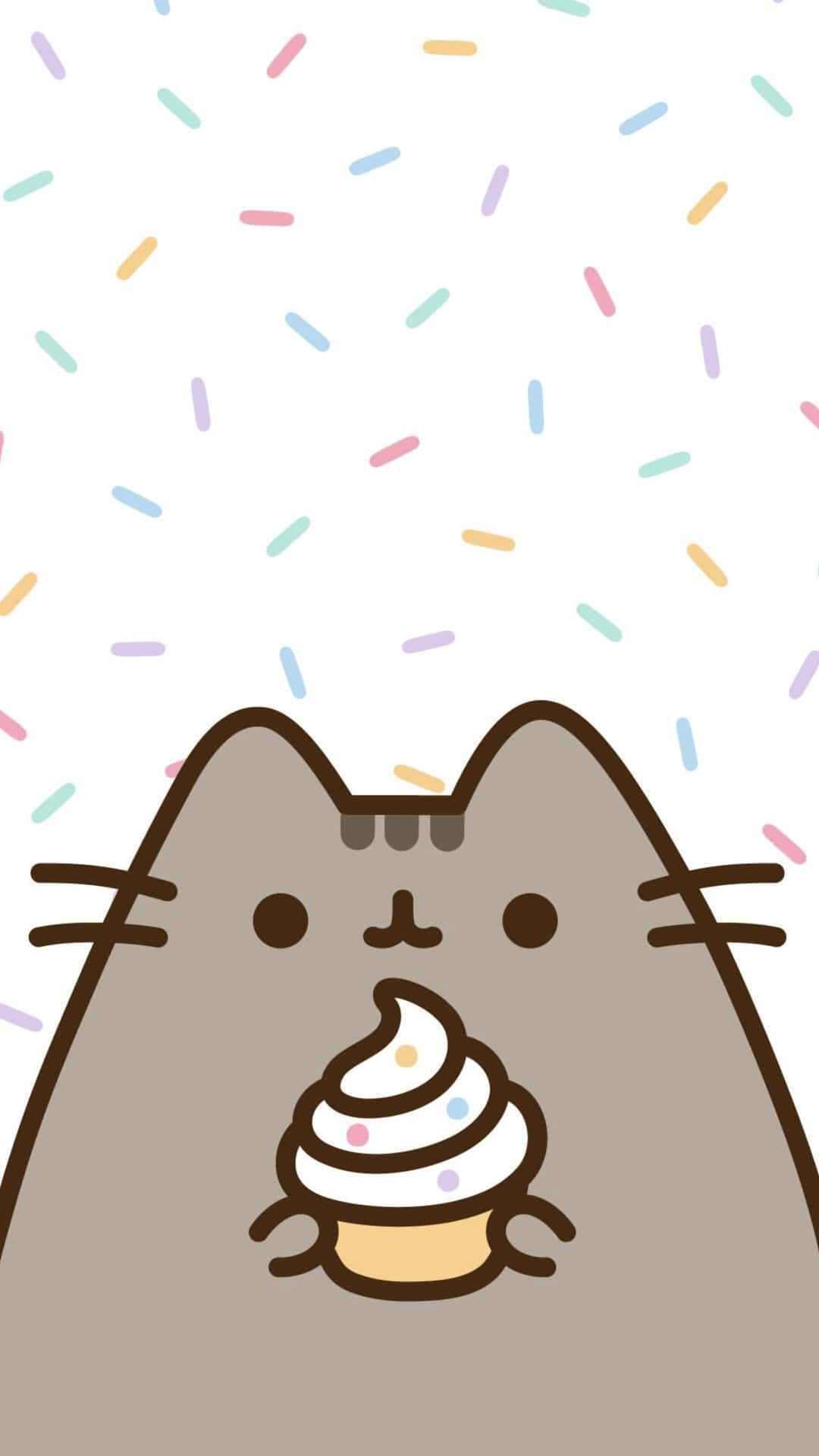 Kawaii Pusheen 桌布 壁紙 — 一隻可愛的灰色大眼貓咪快樂地拿著一個漩渦冰淇淋甜筒，彩色糖粒從上方灑落。