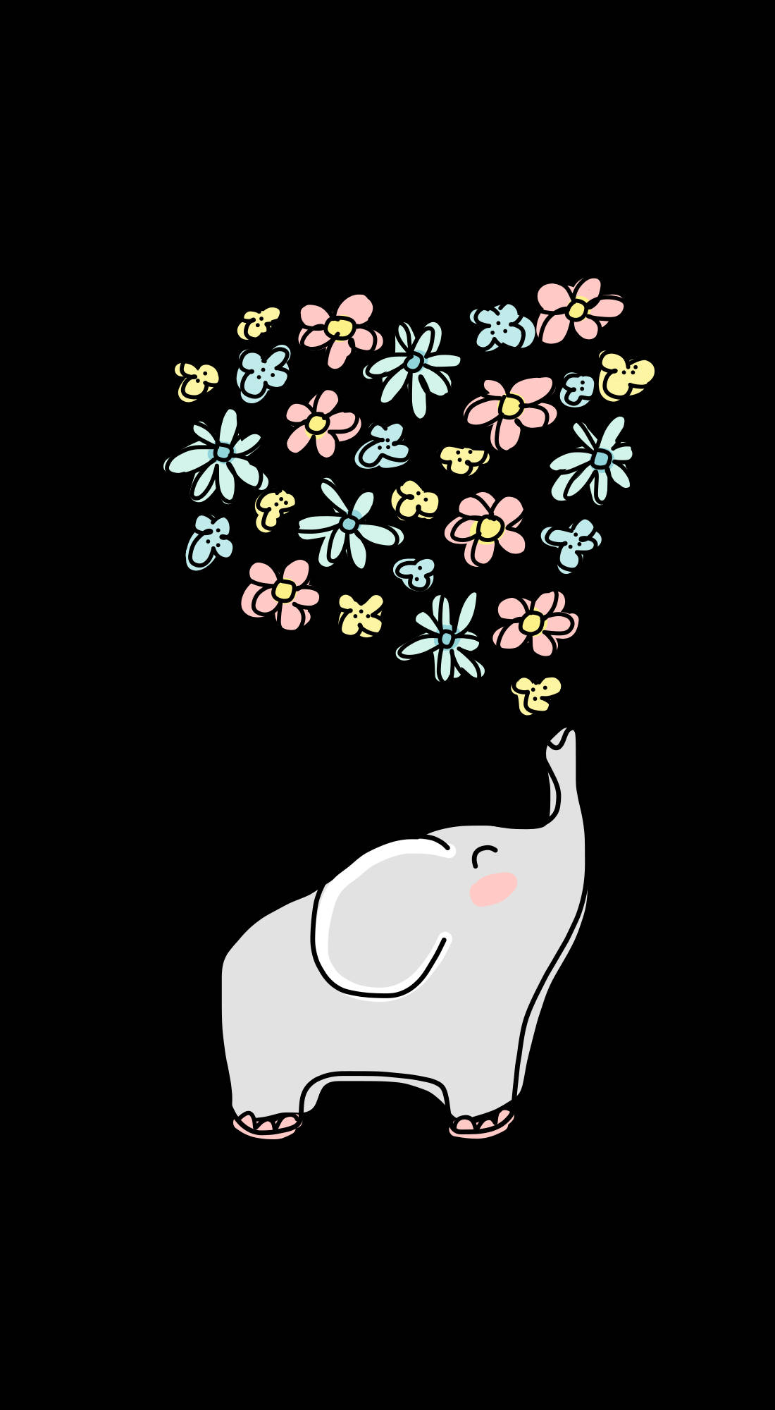 Elephant iPhone 桌布 壁紙 — 一隻可愛的灰色大象，帶有粉紅色的腮紅，對著黑色背景呼出一團心形的柔和色調花朵和蜜蜂。