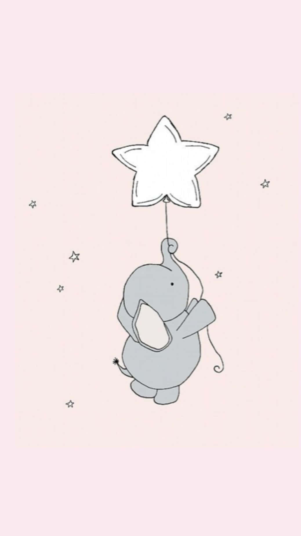 Kawaii Elephant 桌布 壁紙 — 一隻可愛的灰色大象拿著一個星星氣球，漂浮在柔軟粉紅色背景上散落的星星之間。
