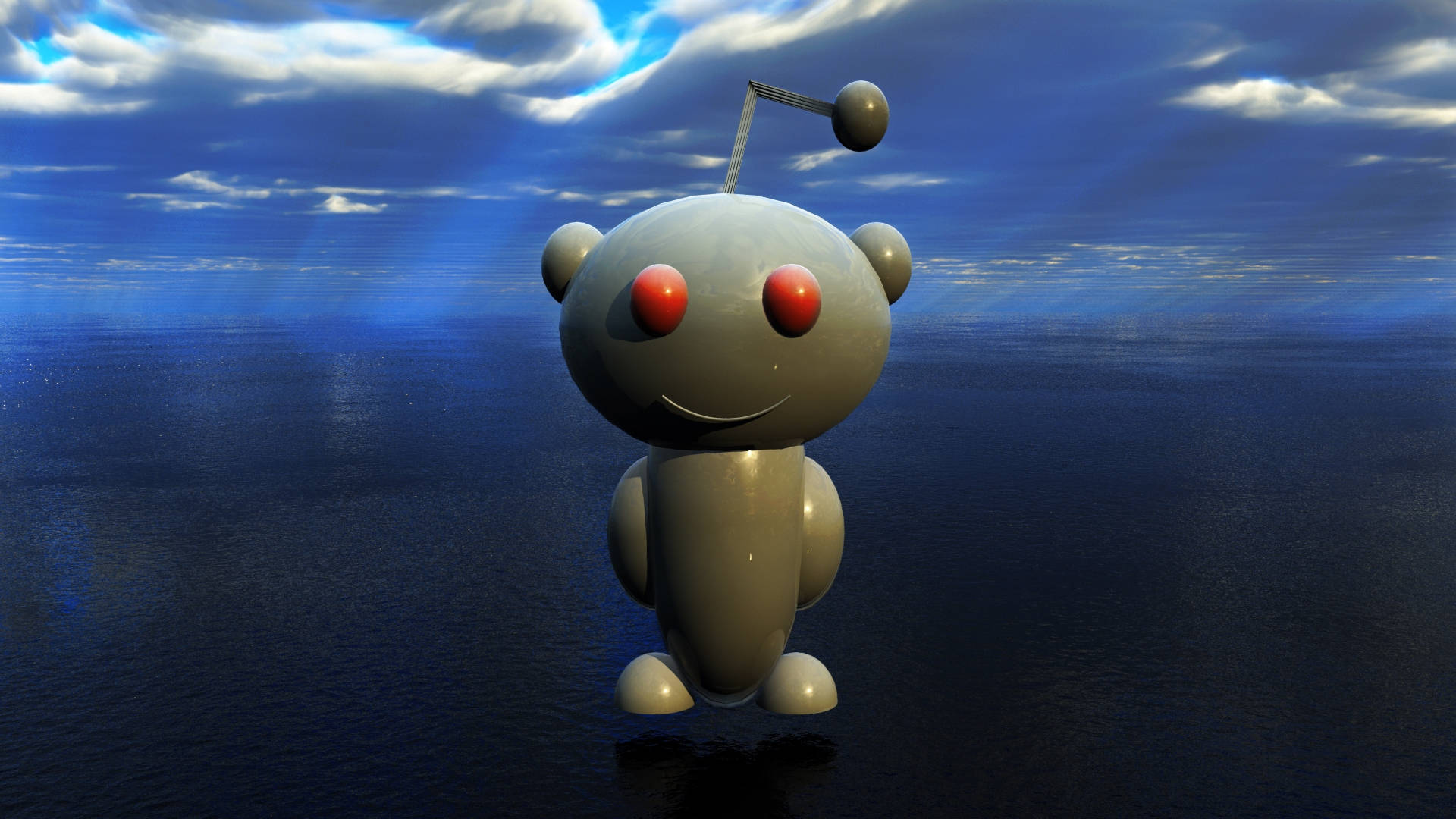 Reddit 桌布 壁紙 — 一隻可愛的灰色機器人，紅色眼睛，在戲劇性的多雲天空下，寧靜地漂浮在廣闊的藍色海洋之上。