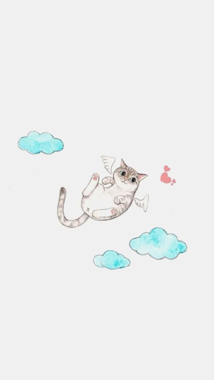 iPhone Simple Cute 桌布 壁紙 — 一隻可愛的灰色虎斑貓，長著小翅膀，在淡色背景上，於柔軟的藍色雲朵和粉紅色心形之間頑皮地漂浮。