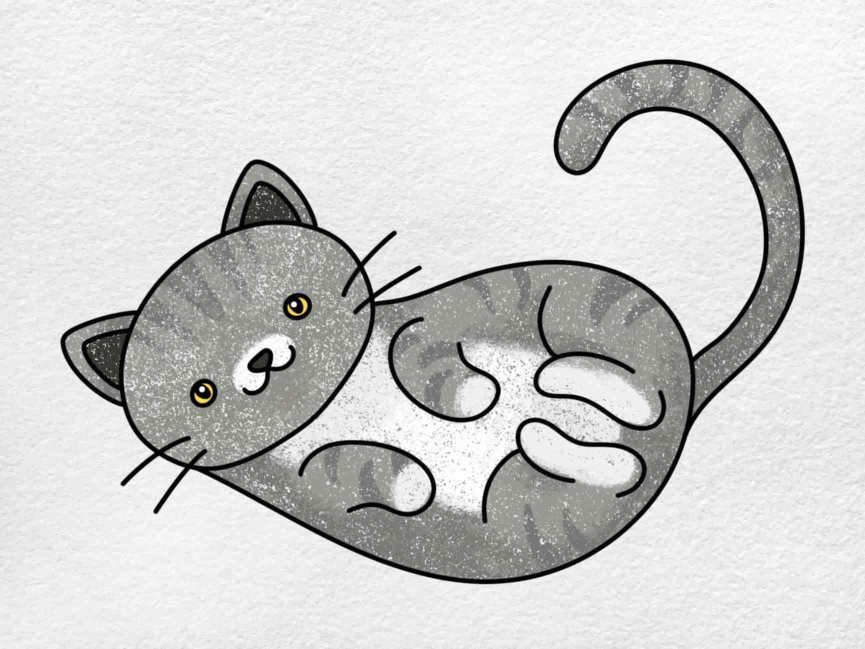Cat Drawing 桌布 壁紙 — 一隻可愛的灰色虎斑貓，黃色眼睛，以嬉戲姿勢仰臥在帶紋理的白色背景上。