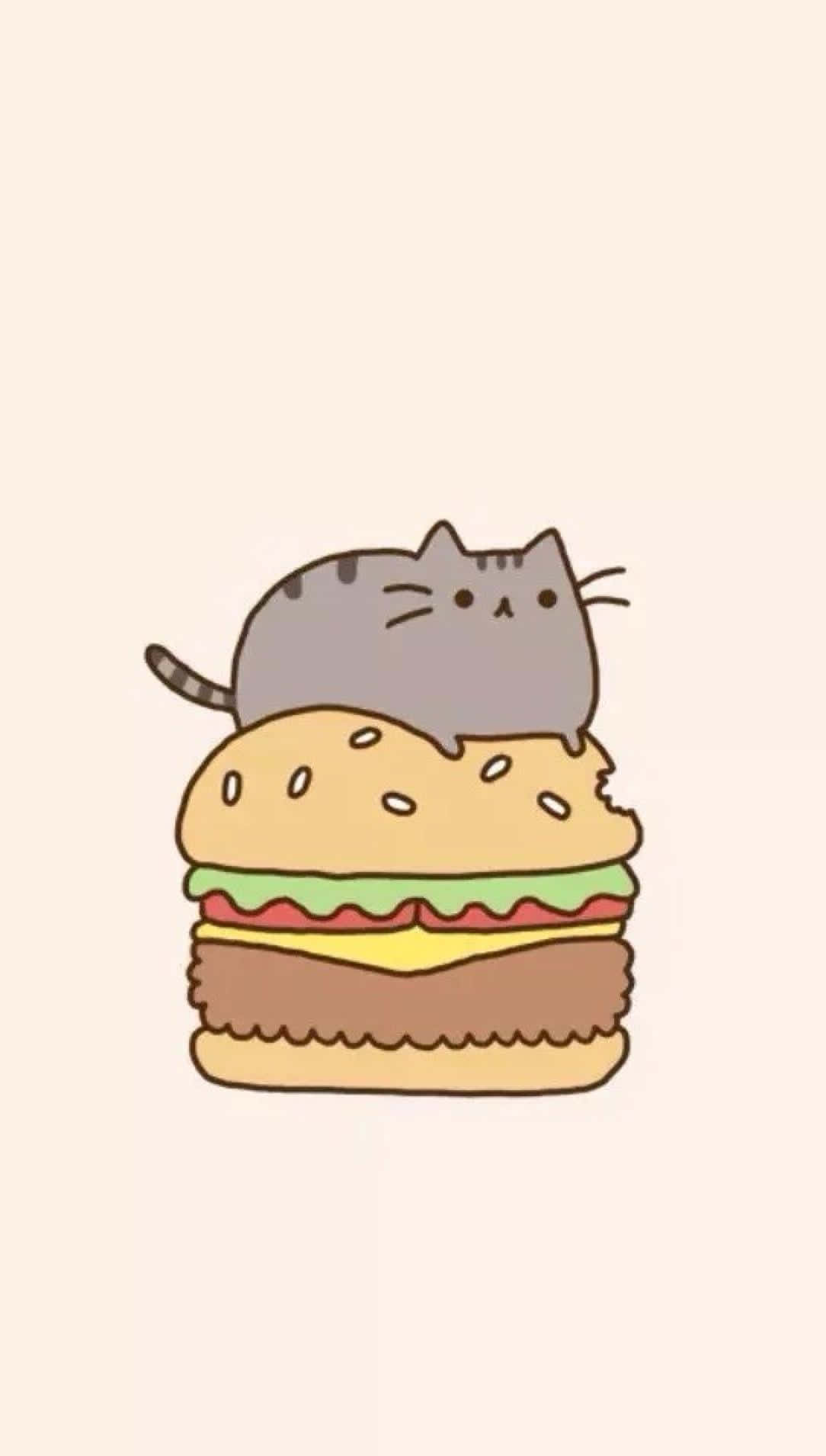 pusheen 動圖 桌布 壁紙 — 一隻可愛的灰色貓咪，有著條紋尾巴，坐在一個大型起司漢堡上，上面有生菜、番茄和芝麻麵包。