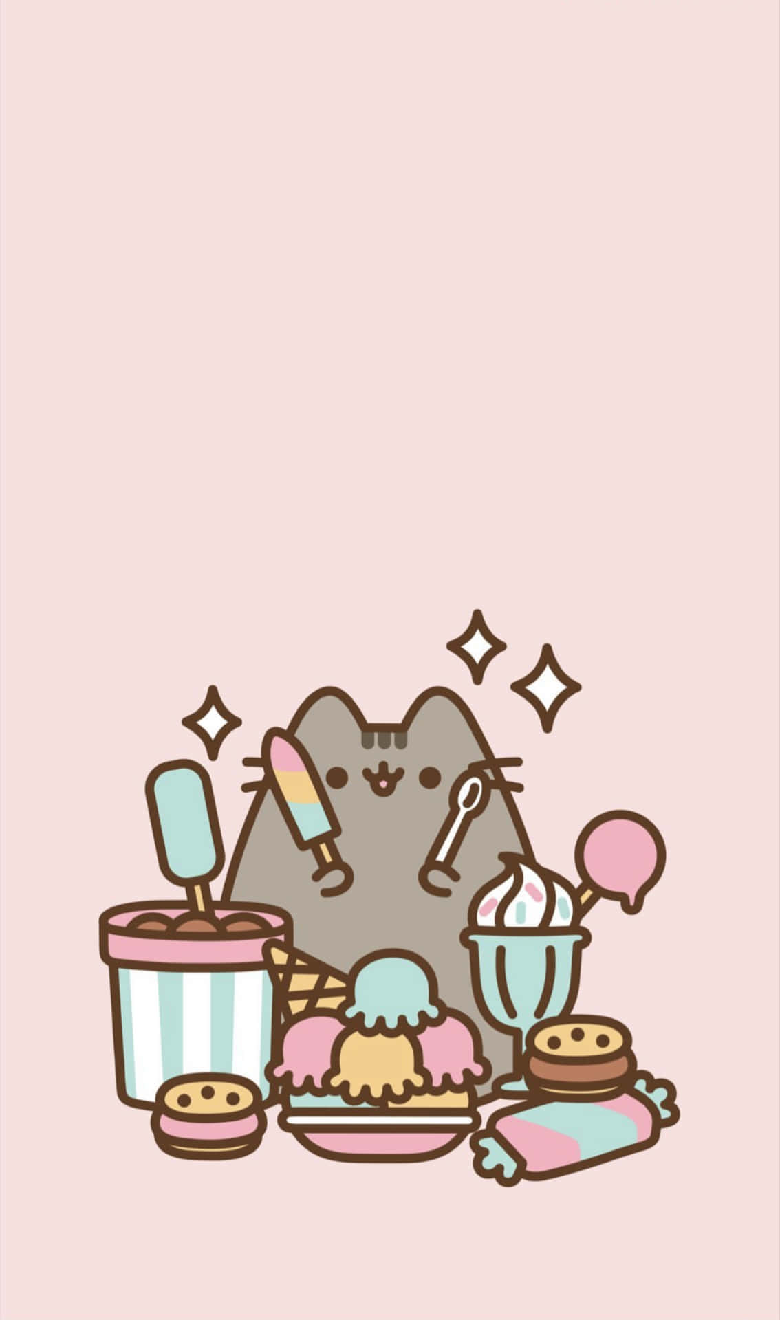 一隻卡通貓咪被冰淇淋和甜品包圍在粉紅色背景上。 — Pusheen 動圖 壁紙