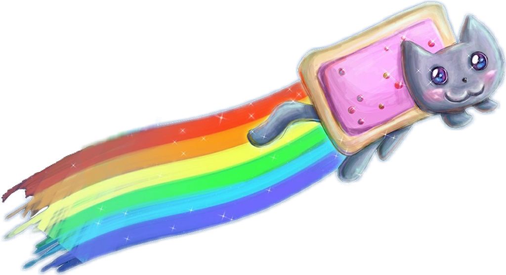 Nyan Cat 桌布 壁紙 — 一隻可愛的灰色貓咪，身體是粉紅色糖霜餅乾，在黑色背景上飛馳，留下閃閃發光的彩虹痕跡。