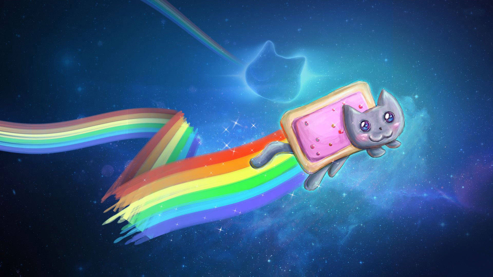 meme 桌布 壁紙 — 一隻可愛的灰色貓咪，身體是粉紅色糖霜餅乾，在星光燦爛的夜空中飛馳，留下鮮豔的彩虹痕跡。