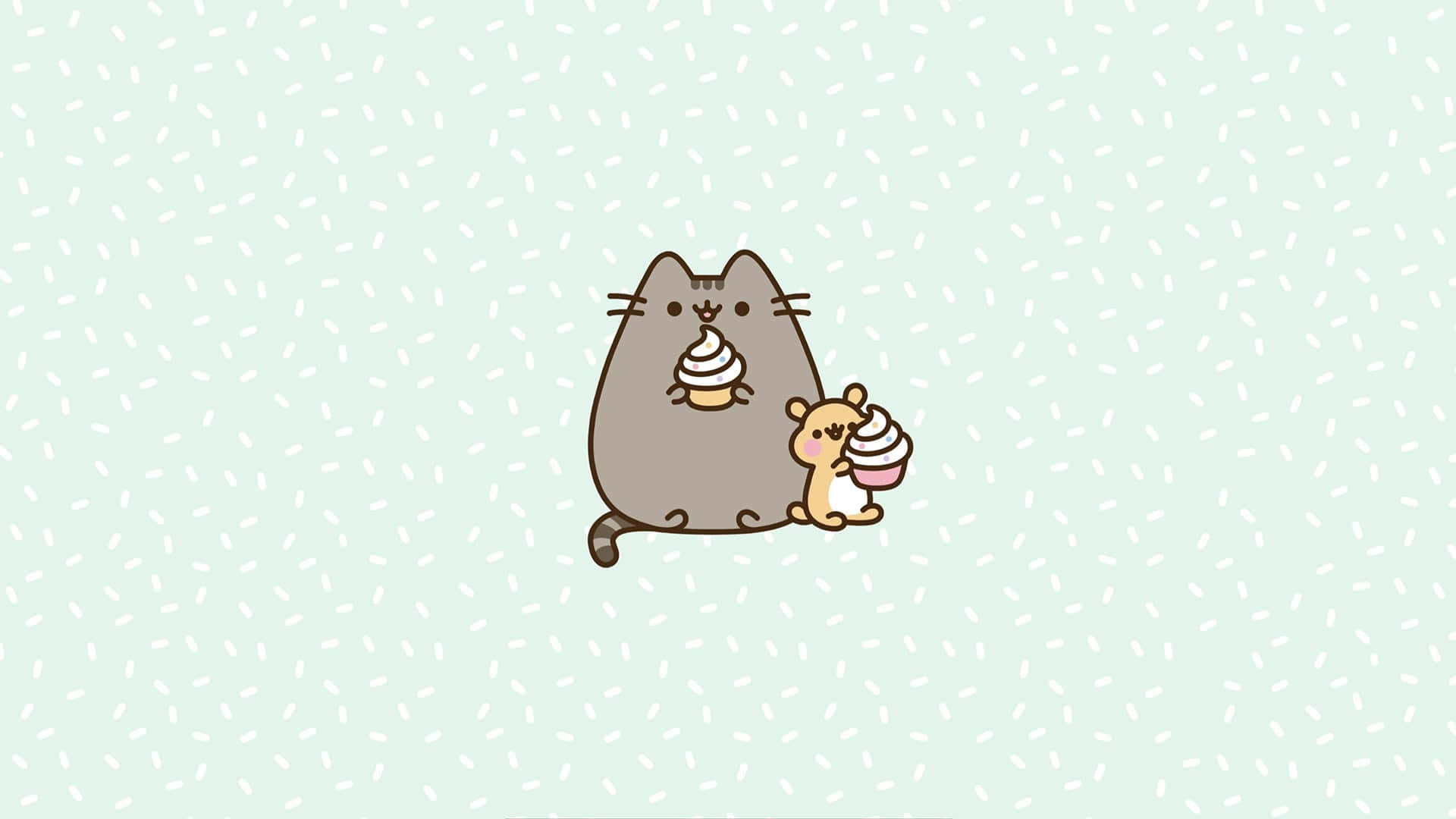 pusheen 動圖 桌布 壁紙 — 一隻可愛的灰色貓咪和一隻小老鼠在帶有白色斑點的薄荷綠色背景前分享冰淇淋甜筒。