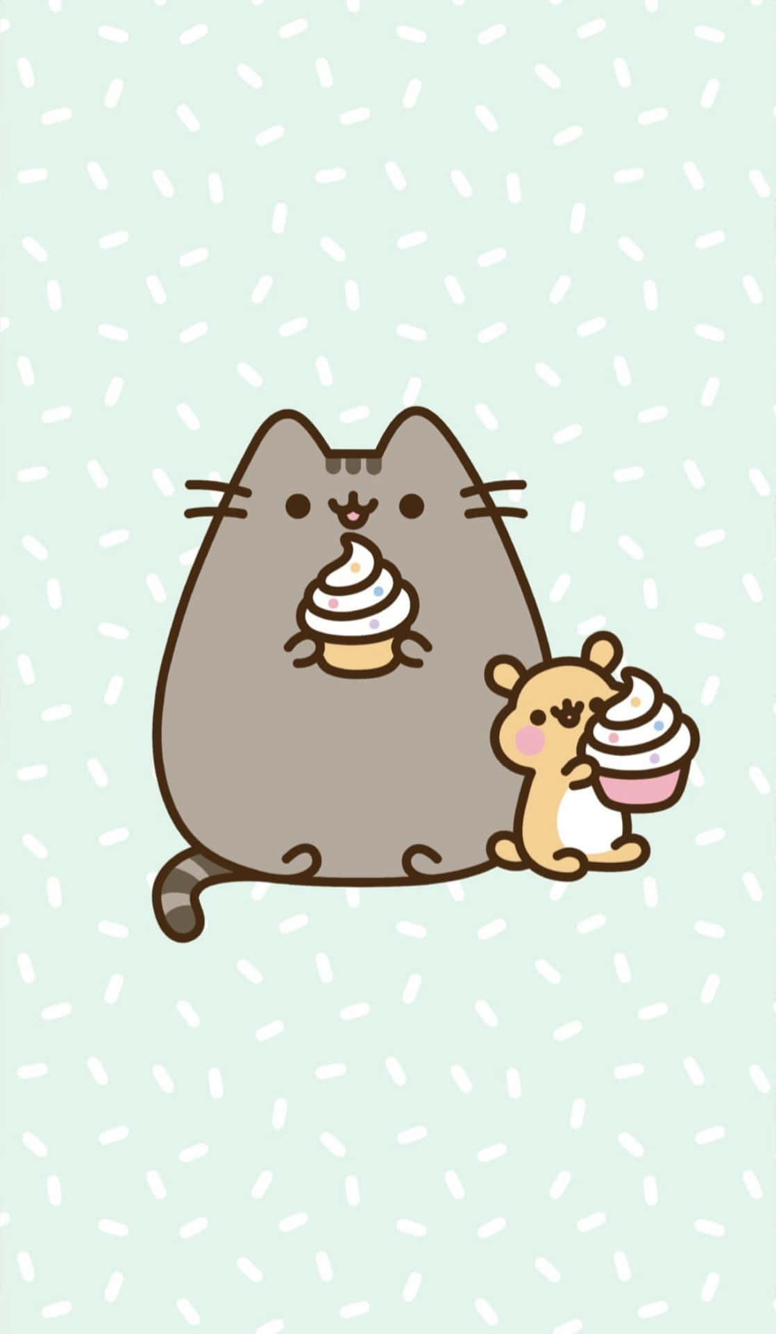 Kawaii Pusheen 桌布 壁紙 — 一隻可愛的灰色貓咪和一隻小黃鼠在薄荷綠斑點背景上快樂地分享冰淇淋甜筒。