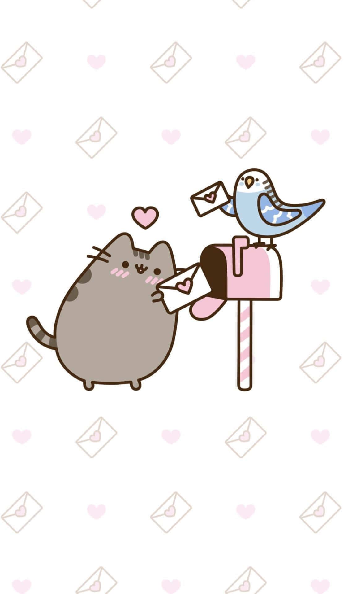 Kawaii Pusheen 桌布 壁紙 — 一隻可愛的灰色貓咪和藍色鳥兒在粉紅色郵箱交換情書，背景是心形和信封圖案。