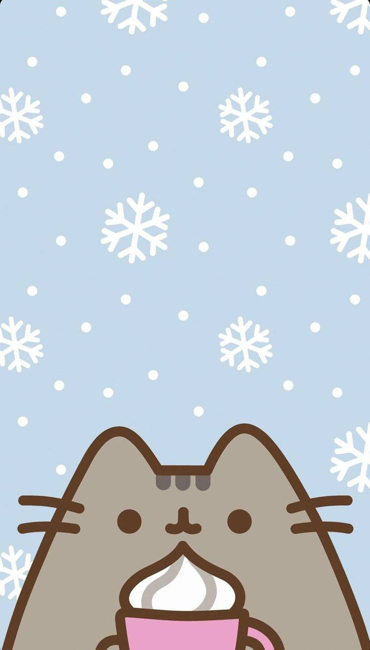 灰色貓咪在雪景中拿著帶有奶油的粉紅色杯子。 — Pusheen 動圖 壁紙