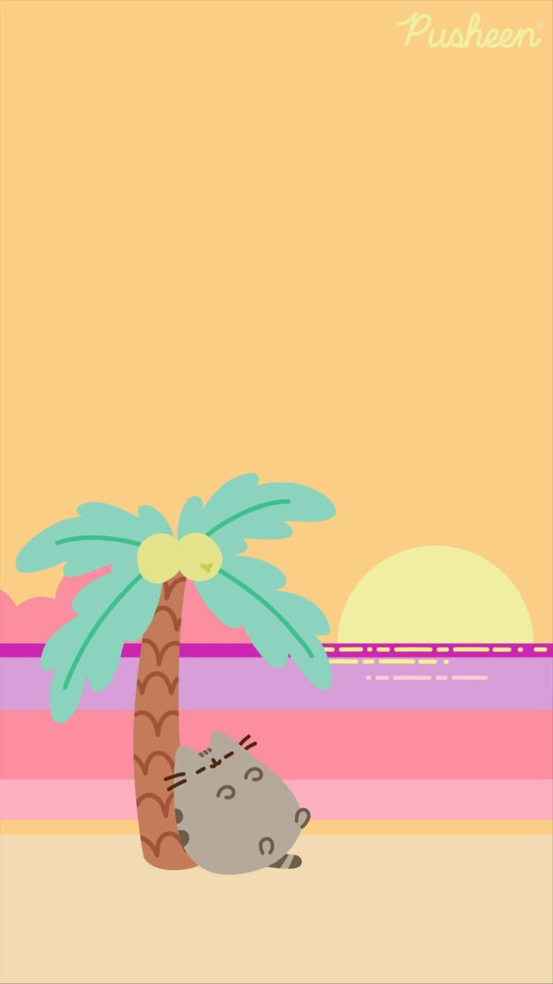 pusheen 動圖 桌布 壁紙 — 一隻可愛的灰色貓咪在棕櫚樹下休息，粉彩色的夕陽將天空染成粉紅、紫色和黃色。