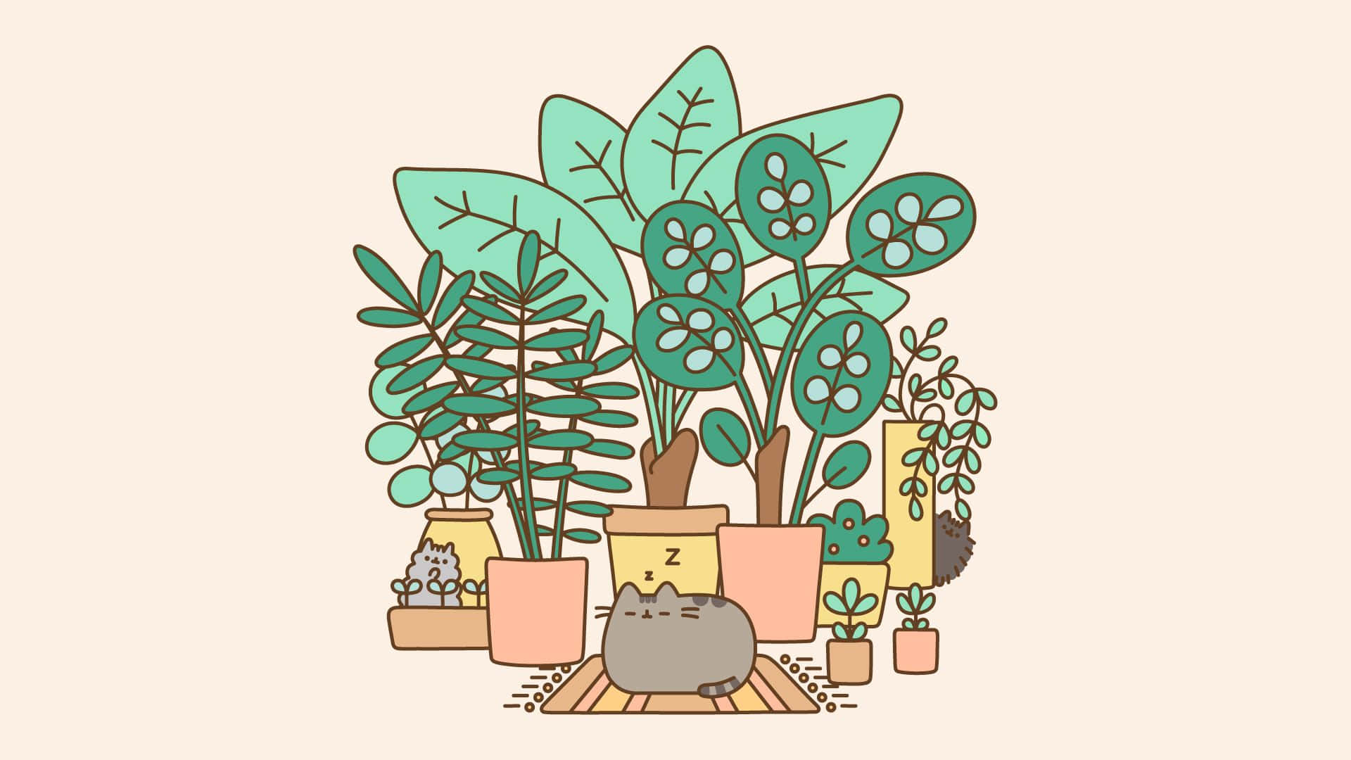 pusheen 動圖 桌布 壁紙 — 一隻可愛的灰色貓咪在鋪滿茂盛盆栽植物（使用柔和色調花盆）的地毯上安詳地睡覺。