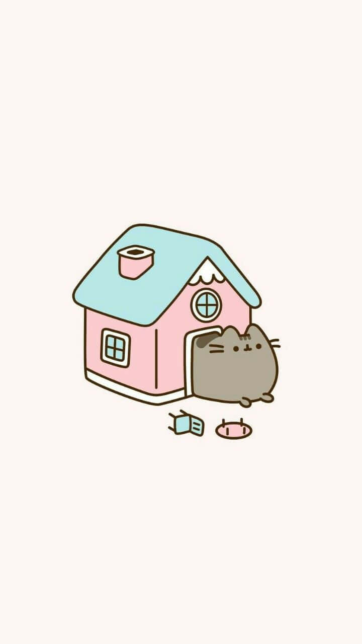 Cute Pusheen 桌布 壁紙 — 一隻可愛的灰色貓咪從一間帶有小窗戶和煙囪的粉藍色房子裡探出頭來。