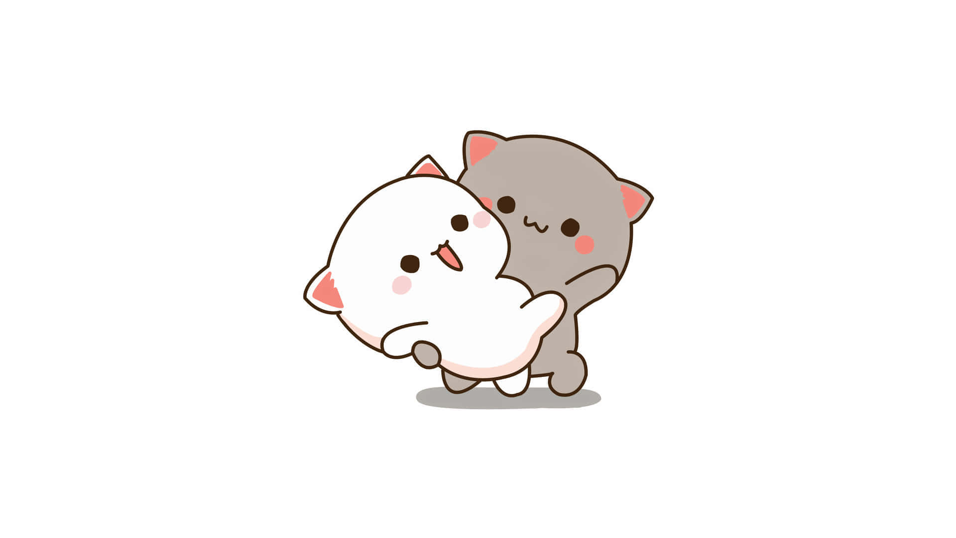 Dancing Cat 桌布 壁紙 — 一隻可愛的灰色貓咪從後面擁抱一隻白色貓咪，採用簡單卡通風格，柔和粉彩色調。