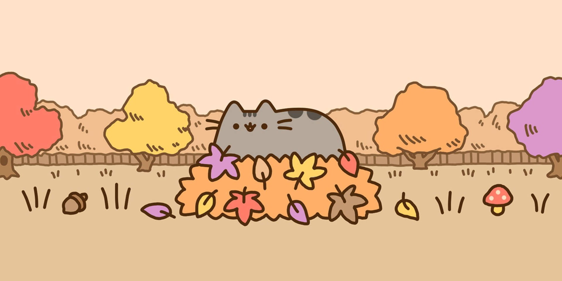 一隻灰色卡通貓咪藏在色彩繽紛的秋葉堆中。 — Pusheen 動圖 壁紙