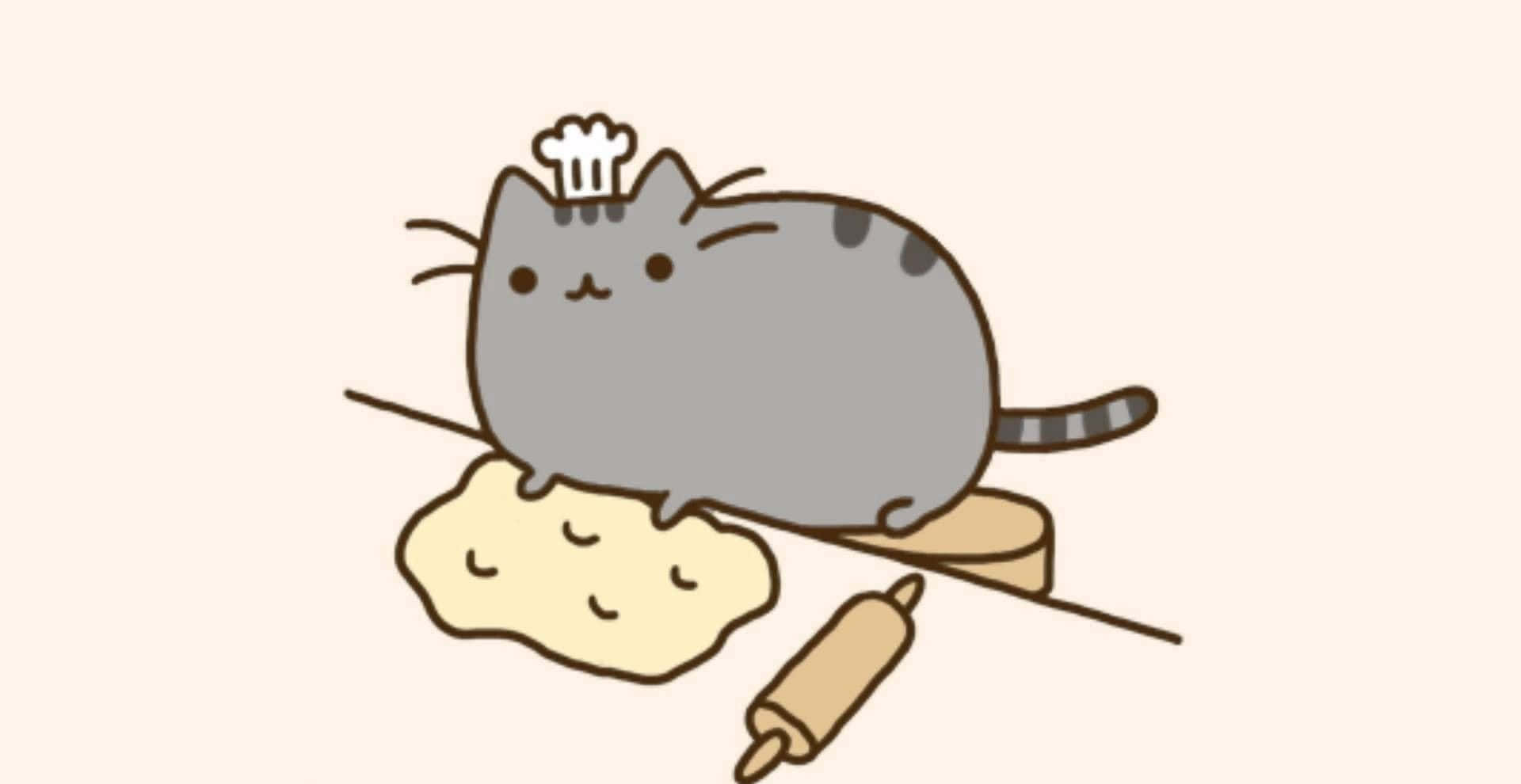 pusheen 動圖 桌布 壁紙 — 一隻可愛的灰色貓咪戴著廚師帽，自豪地站在木板上，旁邊有麵團和擀麵棍。