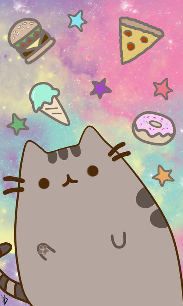 Cute Pusheen 桌布 壁紙 — 一隻可愛的灰色貓咪抬頭望著漂浮的食物和星星，背景是色彩繽紛的宇宙。