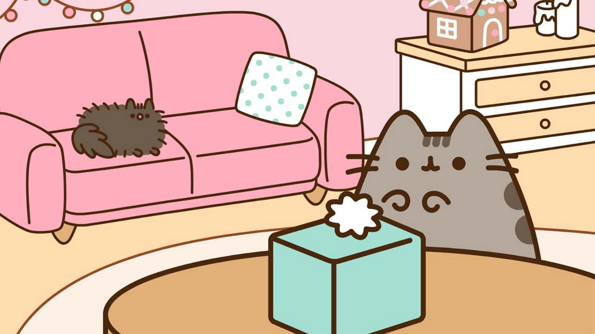 一隻灰色卡通貓咪頭上戴著花，坐在粉紅色客廳的桌子旁。 — Pusheen 動圖 壁紙