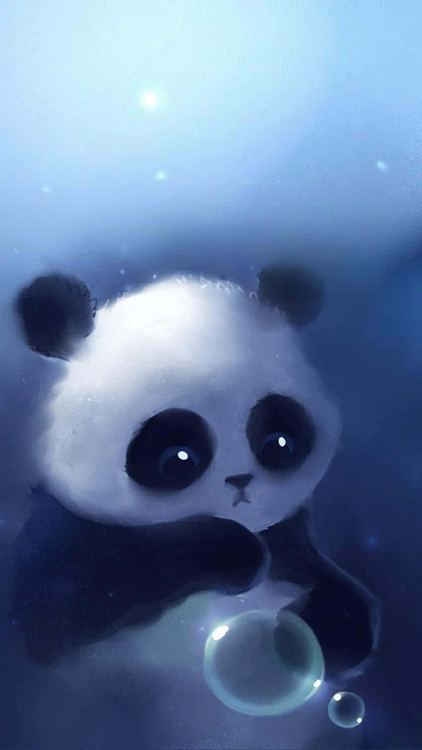 Cute Panda 桌布 壁紙 — 一隻可愛的熊貓在水下漂浮，拿著一個發光的泡泡，在夢幻般的藍色海洋場景中。