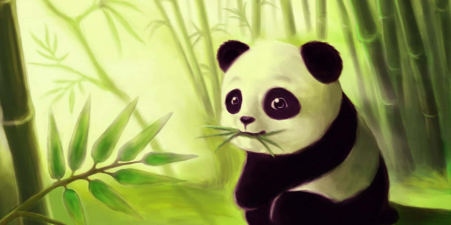 Cute Animations 桌布 壁紙 — 一隻可愛的熊貓在陽光明媚的竹林裡咀嚼竹子，帶有柔和的綠色色調和溫柔的光線。